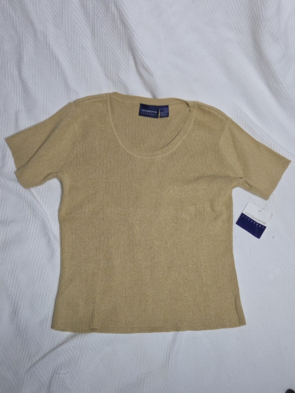 Vintage 90s NWT Liz Claiborne Lizsport Ribbed Knit Scoop Neck Top Large Beige